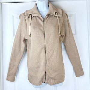 Liz Claiborne Tan Ribbed Full Zip‎ Mock Neck Cotton Sweater Women's Medium